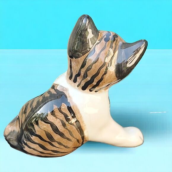Artist Glazed Studio Art Crackle Heavy Ceramic Sitting Striped Tabby Cat Bookend - Picture 11 of 13